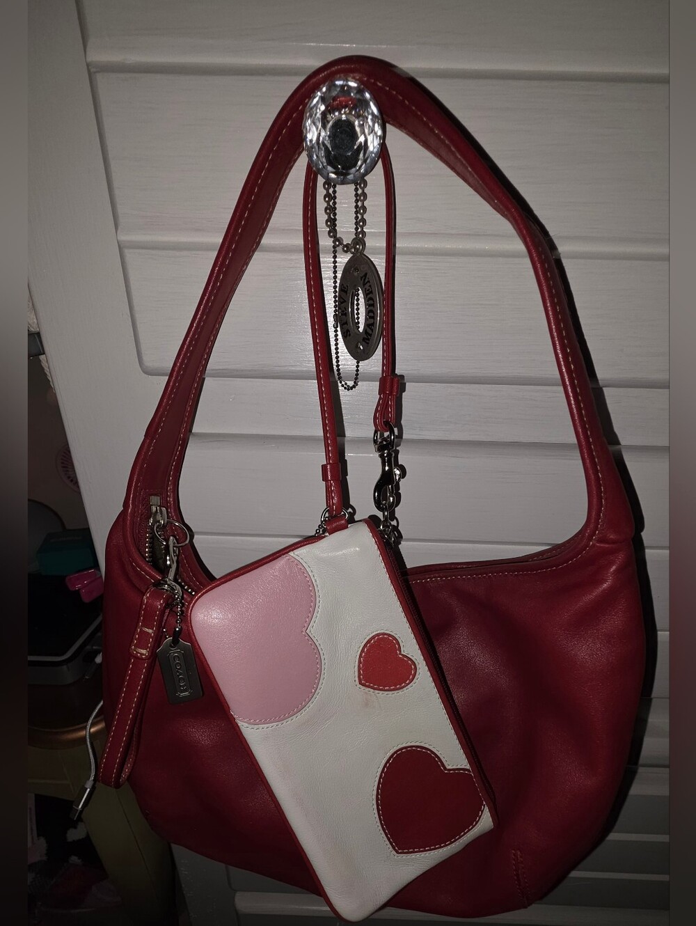 Coach Red Leather Shoulder Bag with White and Pink Heart Wristlet
